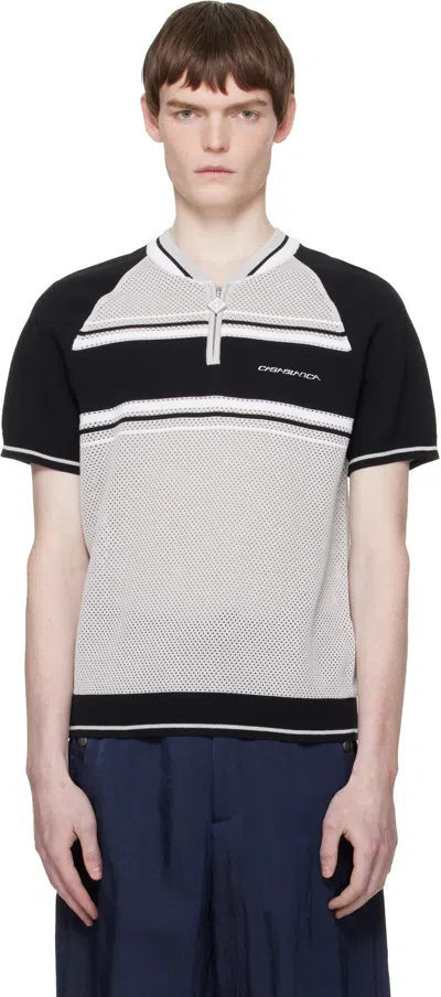 Casablanca Gray & Black Metallic Mesh Stripe Zip Polo In Multi