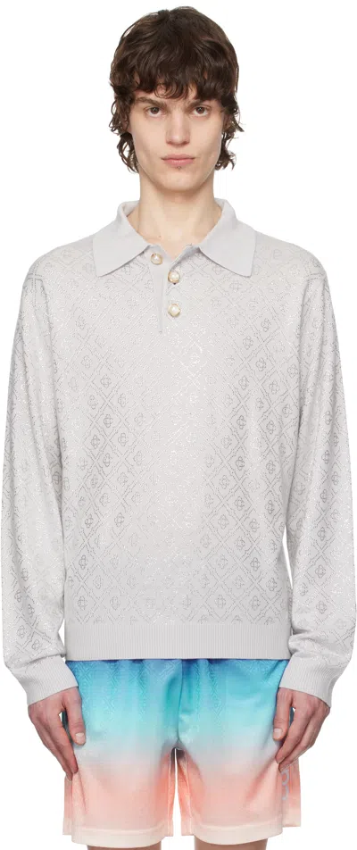 Casablanca Gray Crystal Monogram Long Sleeve Knit Polo In Grey