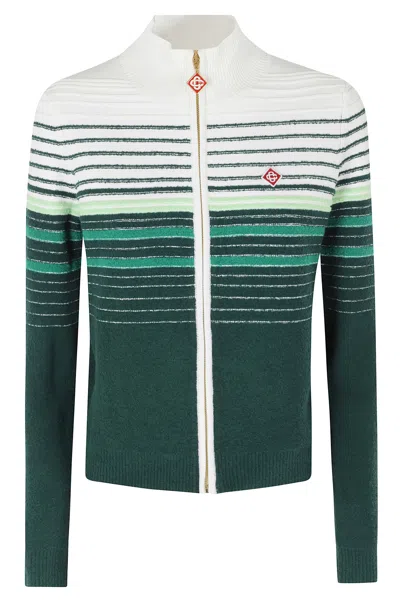 Casablanca Green Boucle Stripe Logo Patch Zip Cotton-blend Cardigan