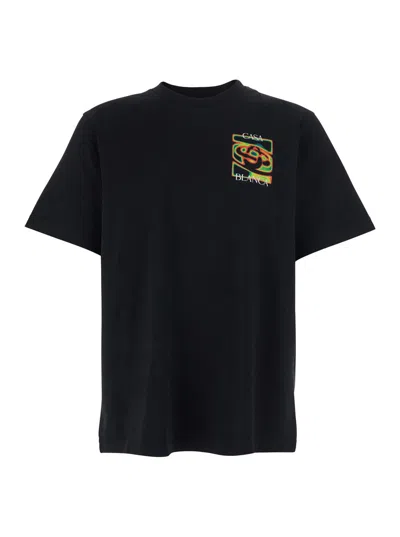 Casablanca Black Crewneck T-shirt With Logo Detail On The Front And Maxi Logo On The Rear In Cotton Man