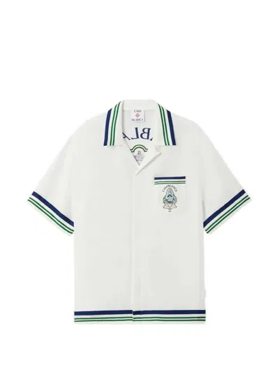 Casablanca Hotel Emblem Resort Stripe Short Sleeve Shirt In White