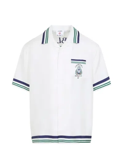 Casablanca Hotel Emblem Resort Stripe Short Sleeve Shirt In White