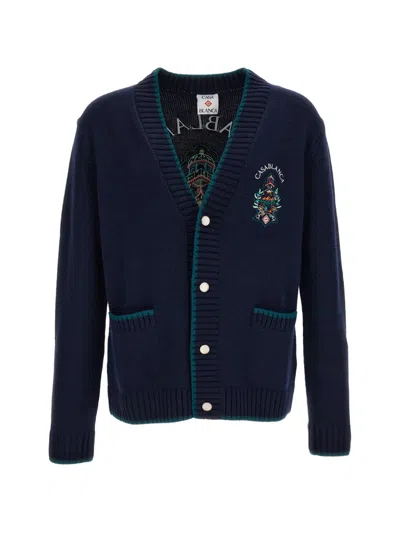 Casablanca Wool Blend Cardigan Embroidered Contrast Trim Pockets In Blue