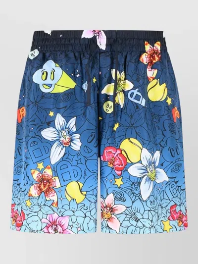 Casablanca Icon Collage Silk Shorts Floral Graphic In Blue