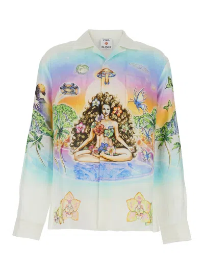 Casablanca Innocence Linen Shirt With Cuban Collar And All-over Print In Multi