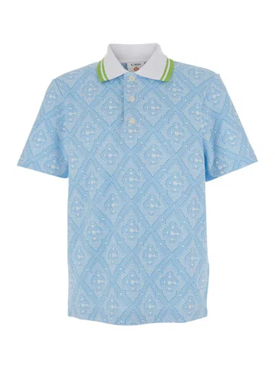 Casablanca Men Light Blue Polo Shirt With Classic Bicolor Collar And All-over Embroidery In Cotton B
