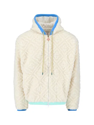 CASABLANCA JACQUARD "MONOGRAM" FLEECE JACKET - WHITE AND BLUE