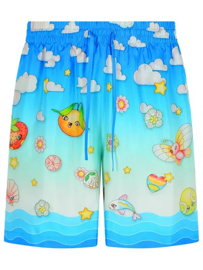 CASABLANCA 'KAWAII' BLUE SILK BERMUDA SHORTS