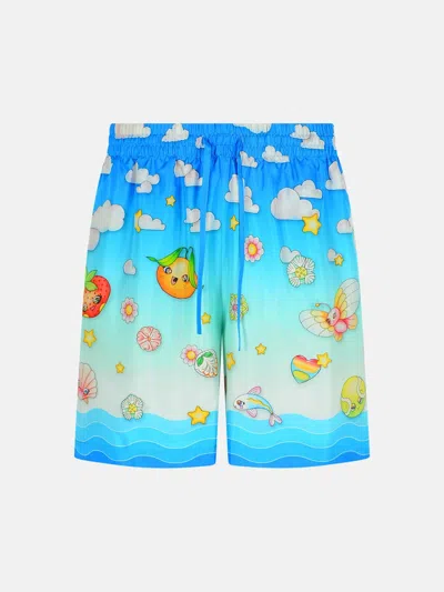 Casablanca 'kawaii' Blue Silk Bermuda Shorts In Multi
