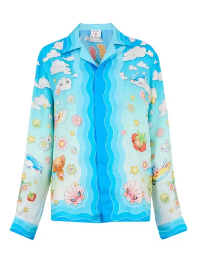 Casablanca Kawaii Motif Silk Shirt In Blue