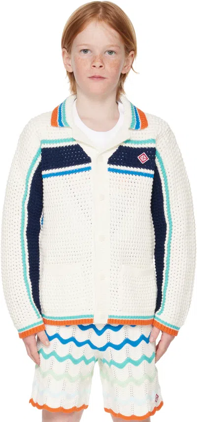 Casablanca Kids Off-white Crocheted Tennis Stripe Overshirt In Club Knit Tennis Str