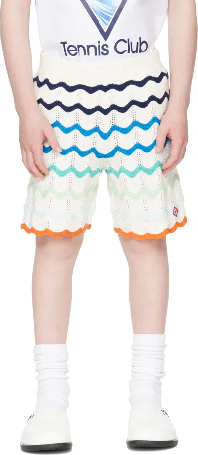 Casablanca Kids Off-white Gradient Wave Crochet Shorts In Blue