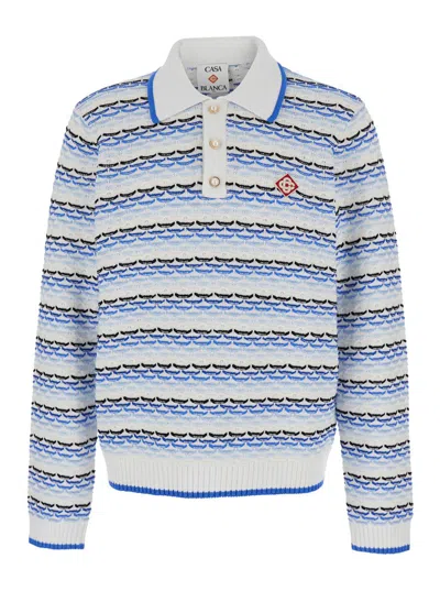 Casablanca Men Blue Polo Shirt With Logo Embroidery On The Front And All-over Striped Motif In Cotto In White