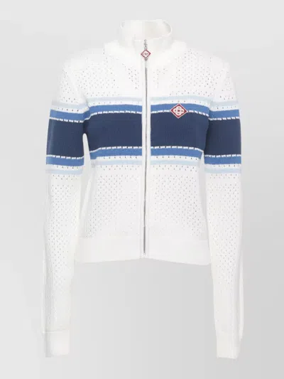 Casablanca Knit Jacket High Neck Perforated Pattern In White