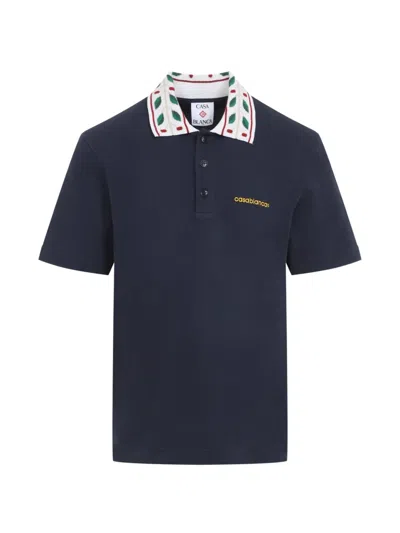 Casablanca Mens Navy Laurel Pique Cotton Polo T-shirt In Blue