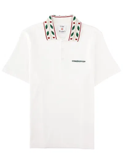 Casablanca Laurel Short-sleeved Leaf Organic Cotton Polo Shirt In White