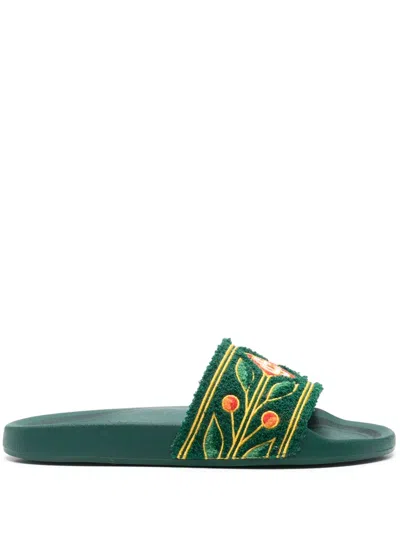Casablanca Embroidered Terry-cloth Slides In Green