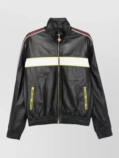 Casablanca Leather Jacket Contrast Stripes High Collar In Black