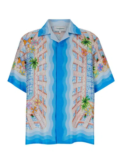 Casablanca Light Blue Bowling Shirt With All-over Graphic Print In Silk Man In Multicolour