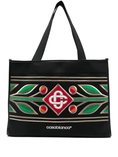 Casablanca Mens  Embroidered Chenille-logo Knitted Tote Bag In Black/ Laurel