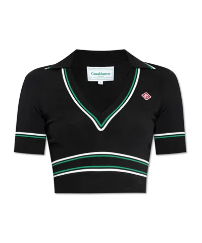 Casablanca Striped Short-sleeve Crop Polo Shirt In Black