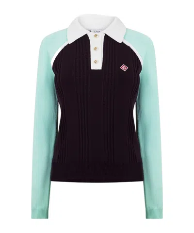 Casablanca Ribbed Long Sleeve Polo Sweater With Contrasting Sleeves In Brown