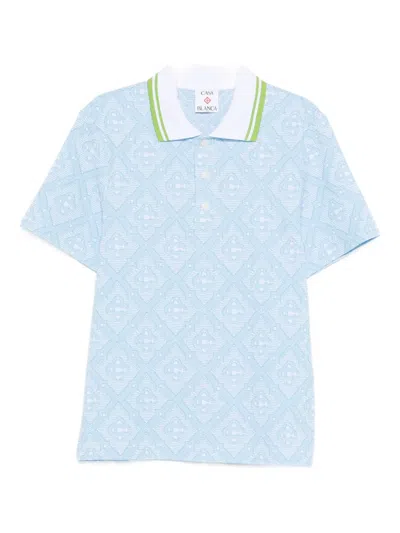 Casablanca Light Blue Polo Shirt With Classic Bicolor Collar And All-over Embroidery In Cotton Blend Man