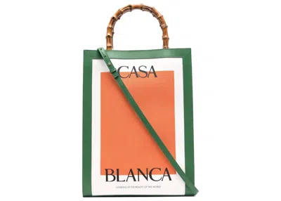 Pre-owned Casablanca Logo Print Bamboo Handle Tote In Green/orange/white In Multi