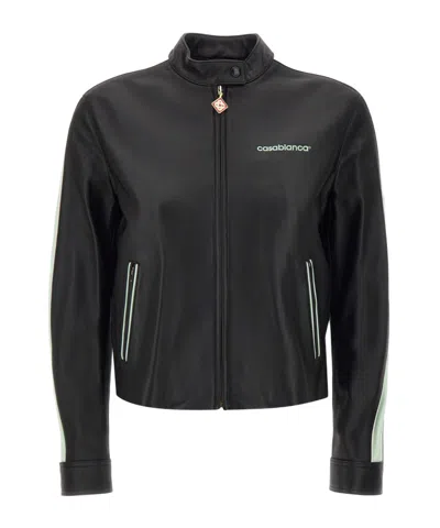 Casablanca Logo Zip-up Leather Jacket In Black