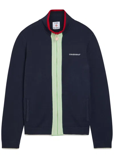 Casablanca Logo-embroidered Fine-knit Wool Track Jacket In Blue