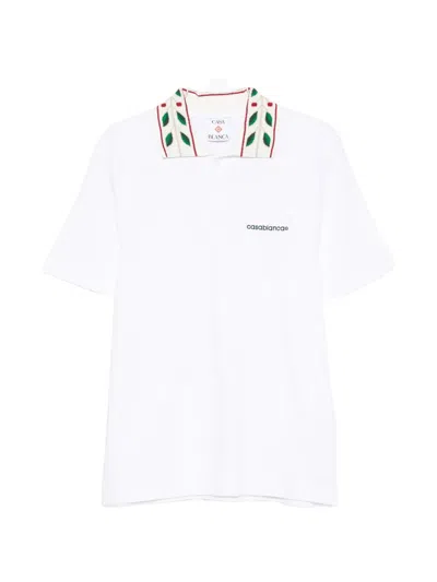 Casablanca Laurel Short-sleeved Leaf Organic Cotton Polo Shirt In White
