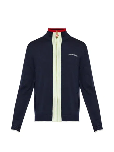 Casablanca Logo-embroidered Fine-knit Wool Track Jacket In Blue