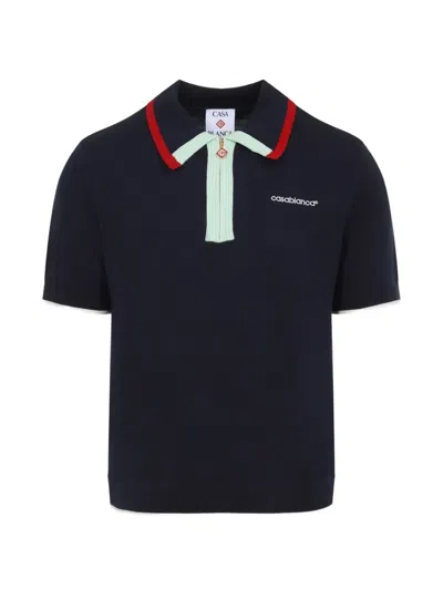 Casablanca Short Sleeve Wool Polo Contrasting Collar In Blue