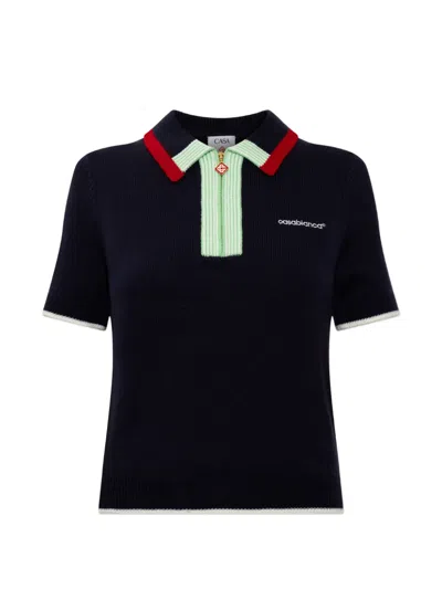 Casablanca Merino Knit Polo Shirt Short Sleeves Contrast Collar In Blue