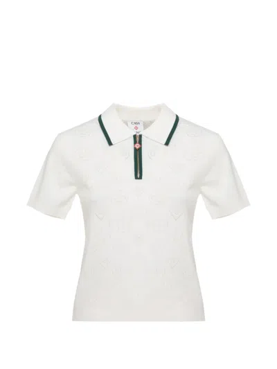 Casablanca Halfzip Perforated Knit Cropped Polo Top In White