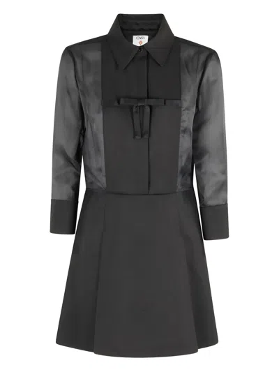 Casablanca Pleated Dress With Bow Detail And Sheer Sleeves In Black