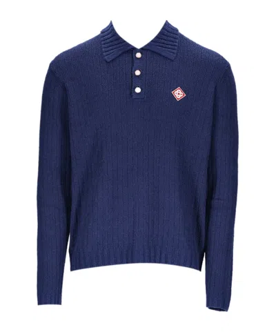 Casablanca Long-sleeved Knitted Polo Shirt In Blue