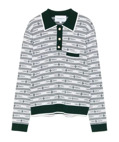Casablanca Long-sleeved Knitted Polo Shirt In Evergreen White