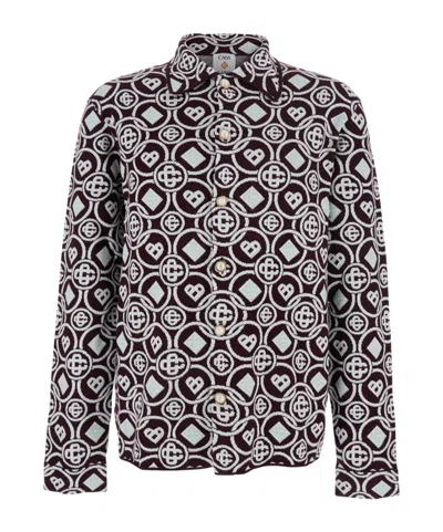 Casablanca Bordeaux Shirt With Classic Collar And All-over Monogram In Cotton Man In Blue
