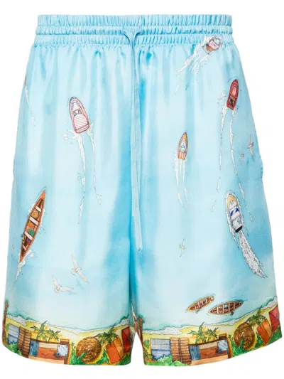 Casablanca Light Blue Bermuda Shorts With Drawstring In Silk Man