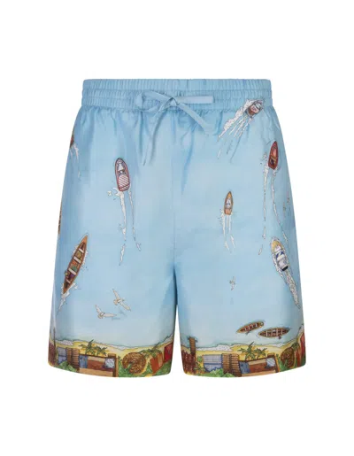 Casablanca Light Blue Bermuda Shorts With Drawstring In Silk Man