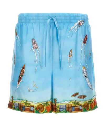 Casablanca Light Blue Bermuda Shorts With Drawstring In Silk Man