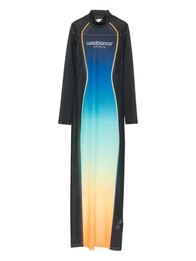 Casablanca Maxi Printed Mesh Dress With Long Sleeves And High Neck In Black