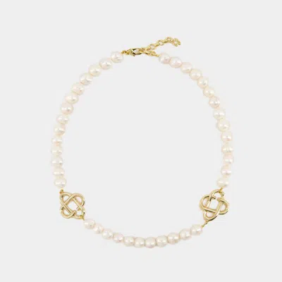 Casablanca White Medium Pearl Logo Necklace In Gold