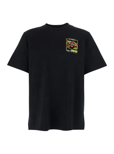 Casablanca Men Black Crewneck T-shirt With Logo Detail On The Front And Maxi Logo On The Rear In Cot