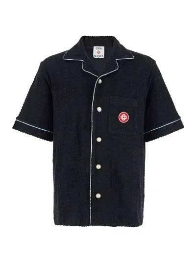 Casablanca Men Black Shirt With Classic Lapels And All-over Embossed Monogram In Cotton Man