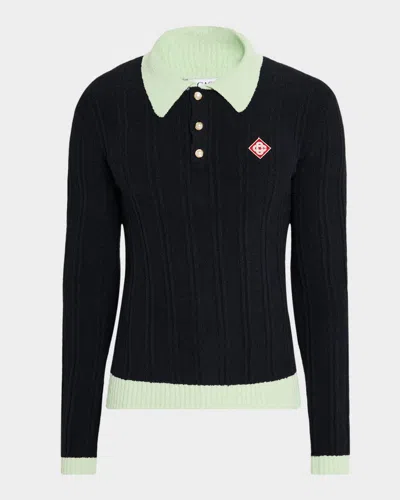 Casablanca Men's Boucle Knit Long-sleeve Polo Shirt In Black