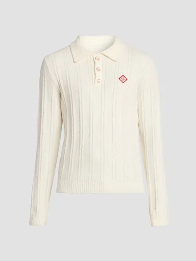 Casablanca Mens White Boucle Long Sleeve Cotton-blend Polo Shirt