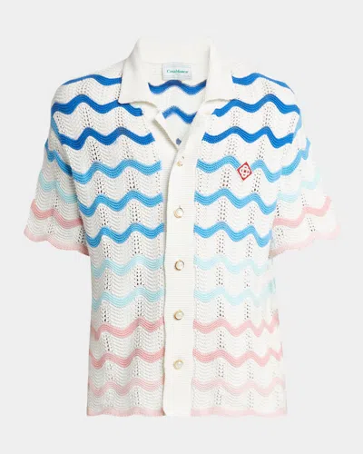 CASABLANCA MEN'S CROCHET WAVE STRIPE SHORT-SLEEVE SHIRT