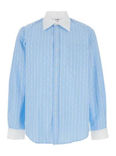 CASABLANCA CASABLANCA MEN 'LAUREL' LIGHT BLUE SHIRT WITH POINTED COLLAR AND ALL-OVER LOGO PRINT IN COTTON MAN